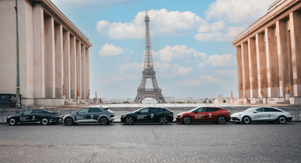 Hyundai Motor Group flagship vehicles – the IONIQ 5, the IONIQ 6, and the EV6 – are parked on a street in Paris with the Eiffel Tower in the background on June 18, 2023, in order to support Busan’s bid to support the 2030 World Expo.