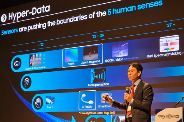 Park Yong-in, president of Samsung Electronics’ System LSI Division, delivers a keynote speech at the Semiconductor Expo 2023 held at COEX in Seoul on Oct. 26.