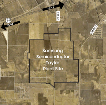 A map of the land area of the proposed Samsung Semicondutor plant site in Taylor, Texas, in the U.S. A map of the land area of the proposed Samsung Semicondutor plant site in Taylor, Texas, in the U.S.