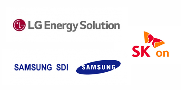 국내 3대 배터리 생산업체인 LG에너지솔루션, SK온, 삼성SDI의 로고입니다.